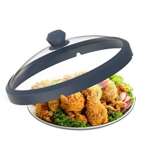 lot 9118 image: Microwave Glass Cover Splatter Guard Lid with Anti-scald Silicone Handles and Vented Edge for Food Pot Plate Cover 10.5 inch Blue