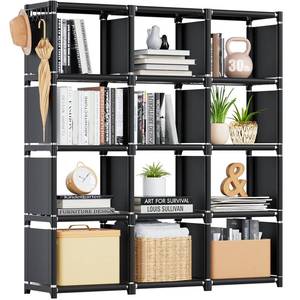 lot 9125 image: Mavivegue Book Shelf, 12 Cube Storage Organizer, DIY Bookcase, Metal Bookshelf,Tall Book case for Bedroom, Living Room,Office,Closet, Black Cubicle Rack