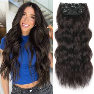 lot 10052 image: ALXNAN Clip in Long Wavy Synthetic Hair Extension 4PCS 24 Inch Dark Brown Thick Hairpieces Fiber Double Weft Hair for Women