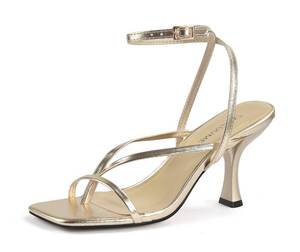 lot 10062 image: Carcuume Womens Kitten Heels Square Toe Thong Strappy Ankle Strap Stiletto Heel Sandals,CAMILE-ALL GOLD PU-6