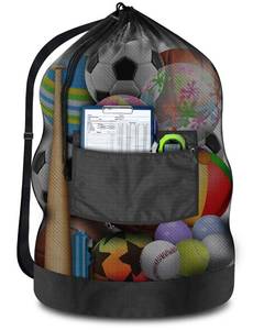 lot 10073 image: Heavy Duty Soccer Ball Net Bag(100L Extra Large Capacity 10-12Balls), Drawstring Mesh Ball Bag with Zipper Pocket, Sports Equipment Storage Organizer Hold for Gym, Beach, Cloth, Swimming Gears (1)