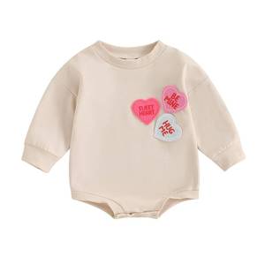 lot 10085 image: LAGKIYOJ Baby Girl Valentines Day Outfit Heart Embroidery Bubble Romper Long Sleeve Crewneck Sweatshirt Infant Spring Clothes (Apricot Heart, 12-18 Months)