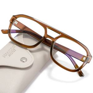 lot 10091 image: Madison Avenue Retro Aviator Blue Light Blocking Glasses for Women Men with Case, Trendy Rectangle Computer Eyeglasses Brown