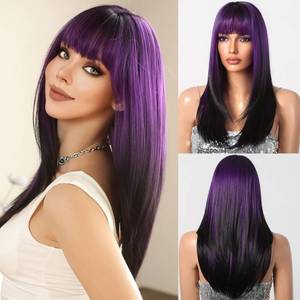 lot 10093 image: testar Purple Wigs for Women Long Straight Black Purple Wig With Bangs Heat Resistant Synthetic Fiber Layered PartyHalloween Use 24IN