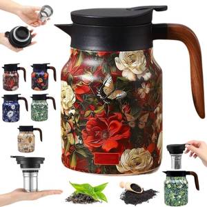 lot 11024 image: Vintage Floral Pattern Tea Pot, Colorful Patterns Tea Pot, Vintage Floral Pattern Tea-Built-In Infuser, Stainless Steel Thermal Carafe with Lid for Hot Drinks (B)