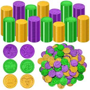 lot 12348 image: 200 PCS Mardi Gras Decorations, 1.4 in Purple Gold Green Fake Coins, Crown Masks Pattern Mardi Gras Gold Coins Plastic Coins Leprechaun Gold Coins, Mardi Gras Table Decorations Costume Accessories