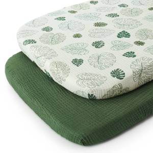 lot 12360 image: Blissful Diary Muslin Bassinet Sheets for Baby Girls Boys, Boho Soft Cotton Fitted for Oval Hourglass Rectangle Mattress, 2 Pack(Monstera&Dark Green)