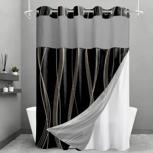 lot 12372 image: TWLSNCD No Hook Shower Curtain and Liner Set, Black Brown Striped Shower Curtains with Snap in Fabric Liner, Hotel Ringless Waterproof Washable with See Through Top Window, 71 x 74