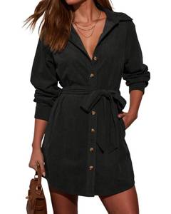 lot 12373 image: R.Vivimos Corduroy Cotton Mini Dress Fall Winter 2026 Casual Long Sleeve Button Down Belted Shirt Dress with Pockets (Medium, Black)