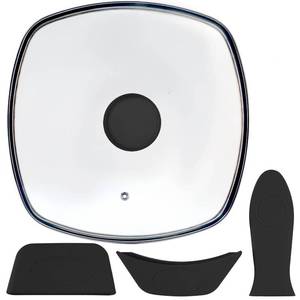lot 12374 image: FOLI Square Glass Lid for Grill Pans with Steam Vent Hole - Fits Lodge Cast Iron Skillets 10.5inch26.67cm Silicone Potholder- Square Tempered Glass Lid - Universal Replacement Cover Silicone Knob