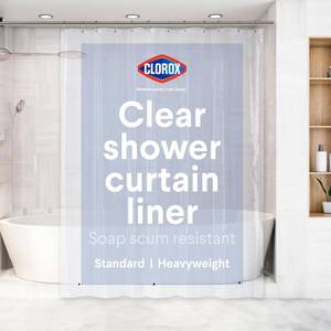 lot 12375 image: Clorox Shower Curtain Liner, Premium Heavyweight Durable Waterproof 8g PEVA for Bathroom with Weighted Magnets, Standard Size 72 x 72, Clear 1 Pack (Used) (Small Damage)