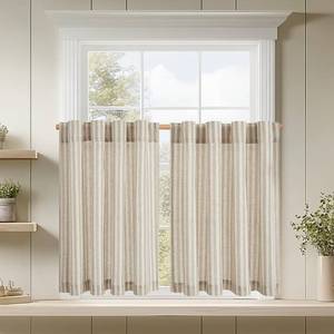 lot 12377 image: jinchan Striped Linen Kitchen Curtains 24 Inches Tier Curtains Farmhouse Modern Cafe Style Small Window Treatments Airy Light Filtering Rod Pocket for Living Room Bathroom 2 Panels Taupe Grey
