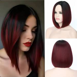 lot 12380 image: Sabosi Short Ombre Red Bob Wig with Bangs, Cosplay Wig Easy to Wear, Straight Bob Wig for Women, Synthetic Wig for Everyday, Party and Halloween