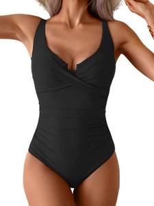 lot 12386 image: B2prity Womens Underwire One Piece Swimsuit Tummy Control Ruched Bathing Suit Criss Cross V Neck Swimwear Black