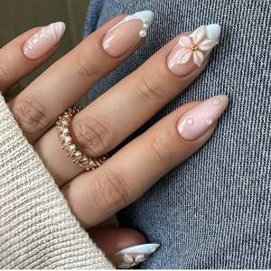 lot 12439 image: LPOODDNU Almond Flower Pearl Press on Nails - Medium 3D Fake Nails with French Tip Designs, Glossy Finished Reusable False Nails with Double Adhesive Glue Tabs - 24Pcs Nail Kit for Women Manicure