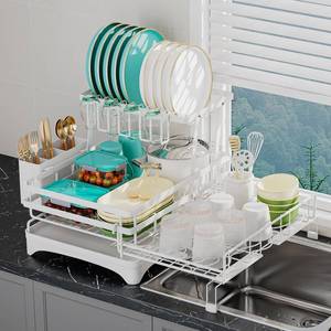 lot 13332 image: HANLE 2 Tier Large Dish Drying Rack - Extendable Dish Rack, 2-in-1 Anti-Rust Stainless Steel Dishrack for Kitchen Counter and Sink, Dish Strainer with Utensil Holder & Cup Holder(White)