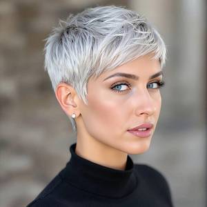 lot 14003 image: BeiSDWig Platinum Pixie Cut Synthetic Wig, Short Silver Gray Hair, Textured Layered Style Synthetic Short Pixie Wigs for Women