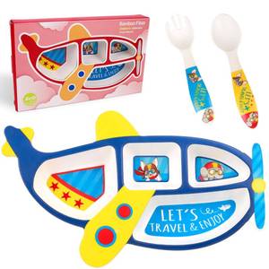 lot 14016 image: PHEENOWL Airplane kids Plate - Fun Dish Plates and Utensils, Plane Shape Tableware, BPA-Free, Picky Eaters Kids Dinnerware Set, Gifts for Little Boy (3-Piece Set)