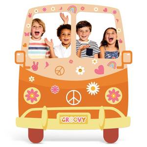 lot 14031 image: APUDWN Hippie Bus Cardboard Cutout, Large 39.76 x 47.24 in Groovy Party Decoration, Retro 60s 70s Hippie Selfie Frame Photo Booth Prop, Daisy Van Life-Size Backdrop for Groovy Hippie Boho Party Favor