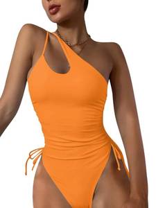 lot 14039 image: Eomenie Womens One Piece One Shoulder Swimsuit with Drawstring Tummy Control Bathing Suit Sexy High Cut Swim Suits Light Orange