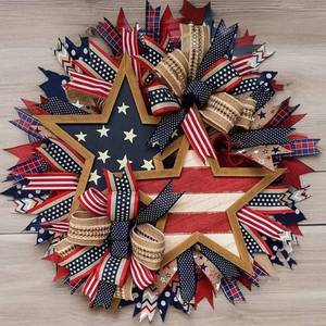 lot 14040 image: 250th Anniversary Patriotic Wreath - Red White Blue Front Door Decor, 4th of July Memorial Day Wreath, All-Weather Farmhouse Outdoor Holiday Display