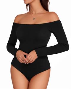 lot 14048 image: MANGOPOP Womens Off The Shoulder Long Sleeve Bodysuit Sexy Backless Body Suit Tops Black L