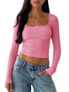 lot 14049 image: BZB Womens Long Sleeve Crop Tops Fall Y2K Lace Square Neck Slim Fitted Basic Ribbed Tee Blouse Shirts Pink