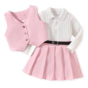 lot 14051 image: HINTINA Toddler Little Girl 3 Pieces Pleated Plaid Skirt School Outfits Size 5T Sleeveless Button Vest Collar Ribbed Knit Long Sleeve Top Spring Set Preppy Fall Winter Clothes 56,Pink