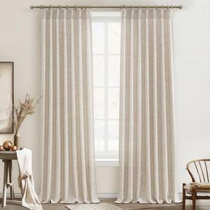 lot 14054 image: Pleated Natural Linen 95 Inch Curtains 2 Panel Set for Living Room, Rustic Farmhouse Pinch Pleat Semi Sheer Curtain Light Filtering Privacy Ceiling Track Nursery Window Drapes 40W x 95 Inches Length