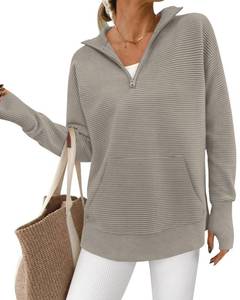 lot 14059 image: BTFBM Sweaters for Women Fall Clothes 2026 Pocket Quarter Zip Pullover V Neck Long Sleeve Knit Trendy Winter Sweater(Light Khaki, Large)