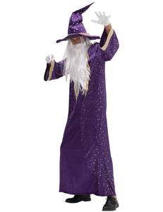 lot 14061 image: Mahoon Wizard Costume for Adult Men, Purple Wizard Cloak Stars Magician Cape with Hat Wig Beard & Wand for Halloween Cosplay Party