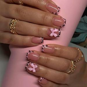 lot 14066 image: Short Press Leopard French Tip False Nails with Pink Glossy Bow Design - Glue on Nails Full Cover Stick on Nails - 24Pcs