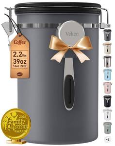 lot 14089 image: Veken Coffee Canister, 39OZ Large, Airtight Stainless Steel Food Storage Container for 2.2lbs Coffee Beans,Ground, Sugar,Espresso,Rice,Tea,Flour, Cereal,Home Kitchen Pantry Bar Accessories, Gifts,Gray