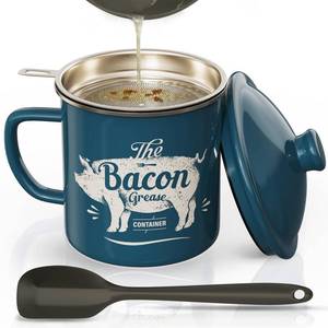 lot 15455 image: Bacon Grease Container With Strainer, 46OZ Large Enamel Grease Container, With Silicone Spatula, Farmhouse Bacon Grease Keeper, Cooking Oil Container For Kitchen Fat Storage, Dishwasher Safe-Blue container only, no lids or accessories