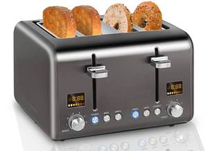 lot 15469 image: SEEDEEM 4 Slice Stainless Toaster with LCD Display, 7 Shade Settings, Wide Slots, BagelDefrostReheat Functions, Removable Crumb Tray, 1800W