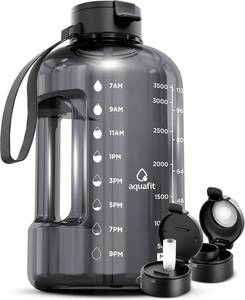 lot 15484 image: AQUAFIT 1 Gallon Water Bottle with Time Marker - Straw & Chug Lid - BPA Free Gym Water Bottle with Straw - Big Gallon Jug (Gray, 128 oz - 2 Lids)