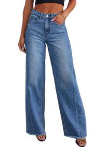 lot 16290 image: Sidefeel Womens Wide Leg Jeans High Waisted Stretchy Raw Hem Denim Pants Size 4 Blue