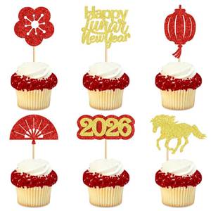 lot 16301 image: Ercadio 24 Pack Chinese New Year Cupcake Toppers Hello 2026 Chinese Year of the Horse Cupcake Picks Chinese Lantern Horse Fan Blossoms Spring Festival Blessing Party Cake Decor Supplies