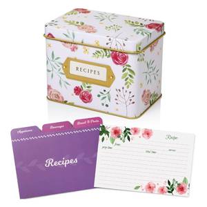 lot 16321 image: Jot & Mark Recipe Card Gift Box, 25 4x6 inch Cards, 14 Dividers, Decorative Tin Box