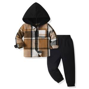 lot 16359 image: BACKID 4-5T Boys Clothing Sets Toddler Plaid Outfits Flannel Hooded Shirts  Sweatpants Kids Fall Clothes Set,Black Khaki