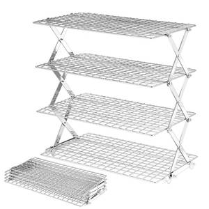 lot 17370 image: BEWOS 4 Tier Collapsible Cooling Rack - Adjustable Stainless Steel Baking Rack with Leak-Proof Mesh, X-Shaped Structure Cooling Rack for Cooking and Baking, Dishwasher Safe