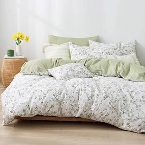 lot 17373 image: LEMIROE Botanical Cotton Comforter Queen Size - Tender Green Comforter Printed with Leafy Branches & Purple Stamens on Off-White,Reversible Lightweight Bedding Sets 3Pcs