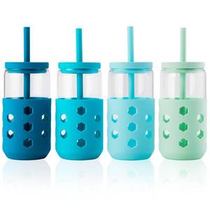 lot 17376 image: Mrsdry 16 oz Glass Cups With Lids and Straws, 4-Pack Iced Coffee Cup - Smoothie Cup With Silicone Lid and Sleeve for Coffee Bar Accessory, Cute Drinking Glasses Set Reusable Glass Tumbler for Gifts