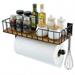 lot 17380 image: MyGift Wall-Mounted Matte Black Metal Paper Towel Holder with Premium Acacia Wood Shelf and 3 Hanging Hooks