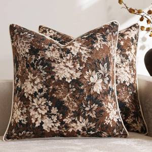lot 18046 image: DEZENE Pack of 2 Vintage Floral Throw Pillow Covers 20x20 Boho Farmhouse Accents Chenille Square Decorative Pillow Cases for Living Room Couch Bed Home Decor, Dark Brown