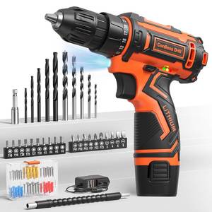 lot 18055 image: Cordless Drill Set,12V Power Drill Driver 38 Keyless Chuck with 92 Acessories, Built-in LED Light, 251 Position, Electric Drill for Home DIY Projects (Orange)