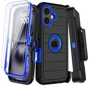 lot 18464 image: for iPhone 16 Plus Case with Belt Clip Holster,2X Screen Protectors,Heavy Duty Shockproof Drop Protection Military Grade Tri-Layer Rugged Durable Cell Phone Cover with Kickstand 6.7��(Black Blue)