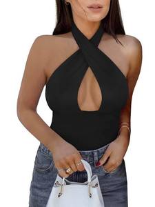 lot 18469 image: REORIA Womens Sexy Criss Cross Halter Neck Sleeveless Party Club Night Going Out Thong Bodysuits Tops Black Medium