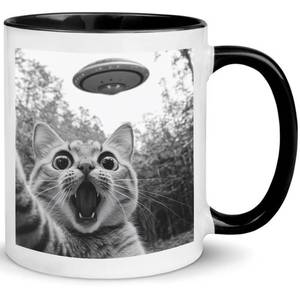 lot 18497 image: Funny Cat Selfie With UFO Alien Mug - Cat Lovers Gifts for Women, Men, Mom, Dad, Owner, Lady on Birthday, Halloween, Christmas - Humor Sarcastic Coffee Mug 11oz