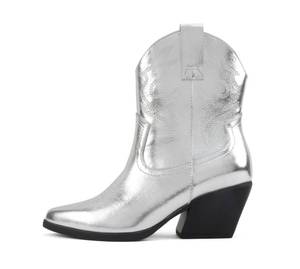 lot 20063 image: Soda ��BLAZING��  Women Western Stitched Pointe Toe Low Heel High Top Ankle Shaft Boot Bootie (SILVER METALLIC PU, us_footwear_size_system, adult, women, numeric, medium, numeric_11)